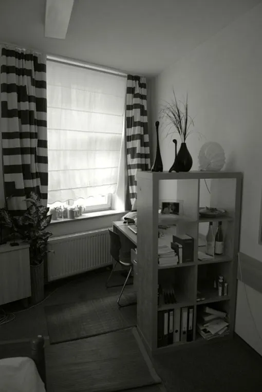 Zimmer mit Fenster, Regal und Pflanzen